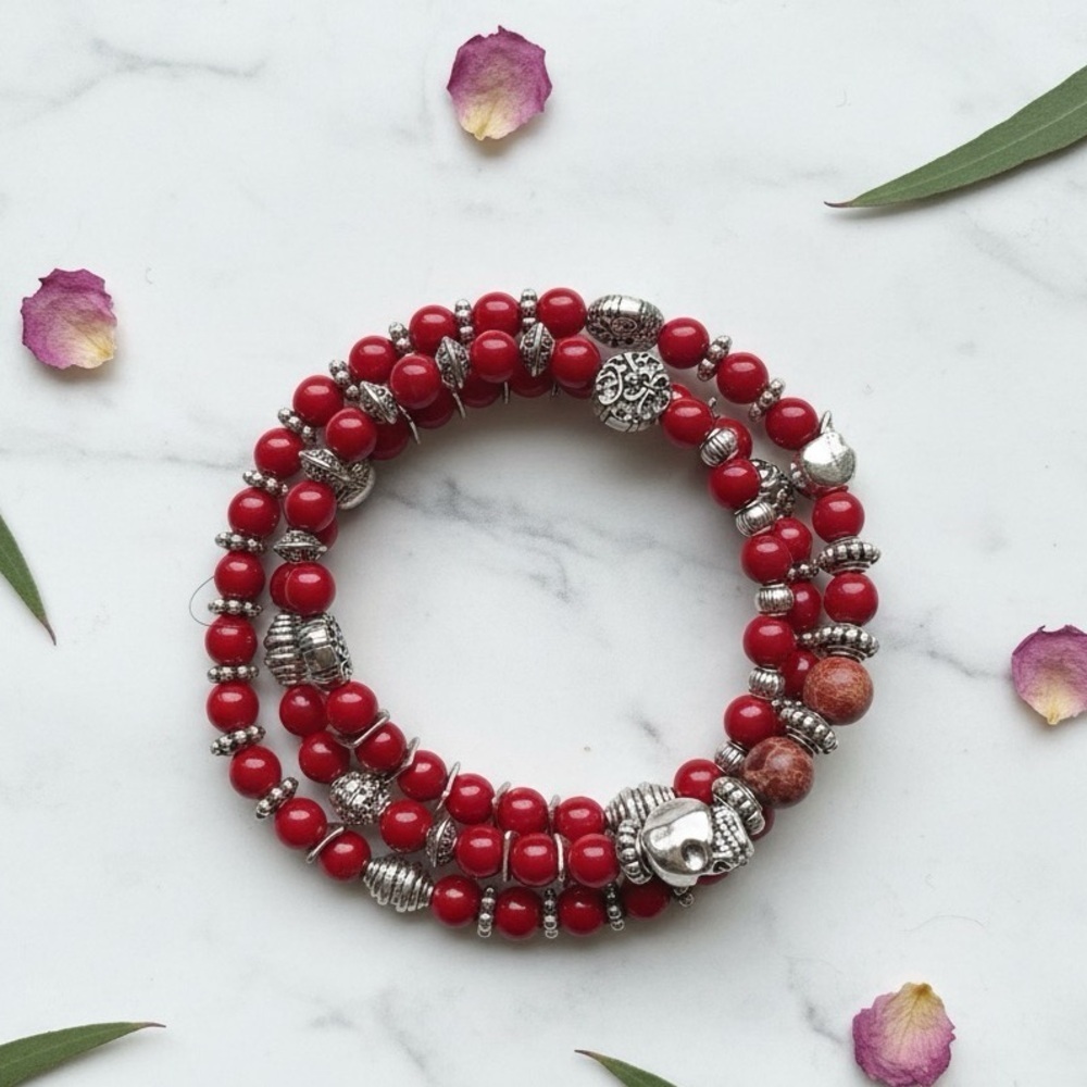 Bold Red Enamel, Fire Agate & Silver 3x Wrap Stretch Bracelet